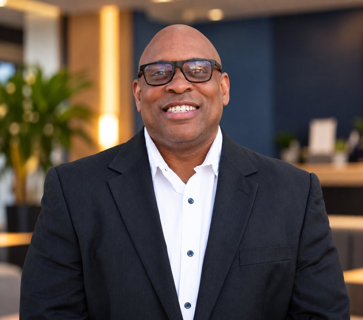 Professional headshot of a smiling man wearing glasses, dark blazer, and white shirt in a modern office setting