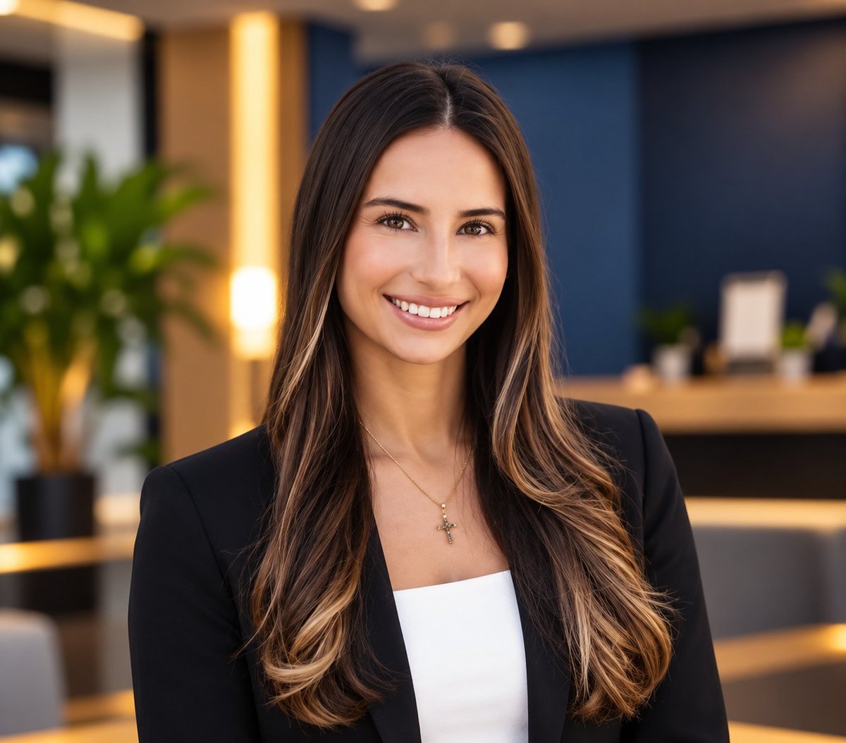 Professional woman with long brown hair smiling at camera, wearing black blazer and white top in modern office setting