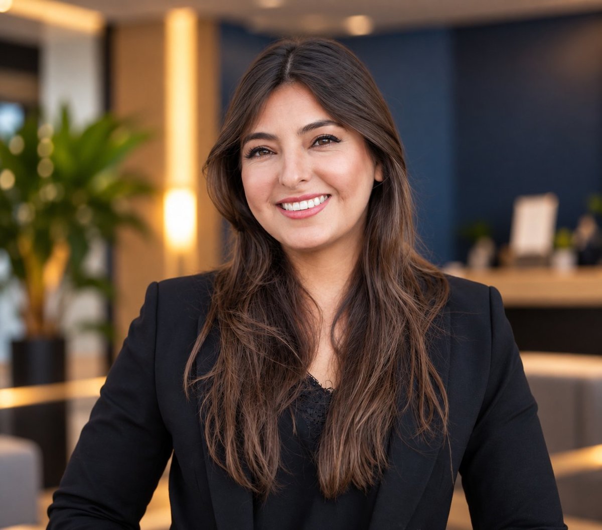 Professional woman with long dark hair smiling in black blazer in a modern office setting