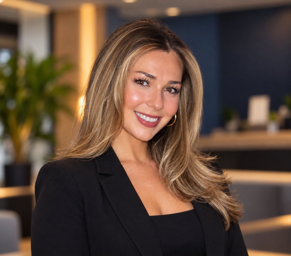 Smiling woman with long brown highlighted hair wearing a black blazer in an office setting with warm lighting