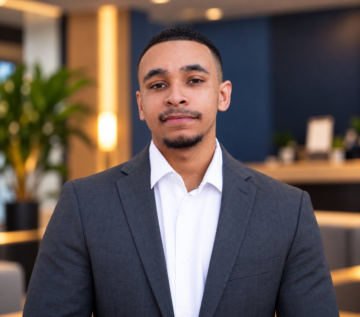 Professional man in dark blazer and white shirt standing in a modern office with warm lighting and plants in the background