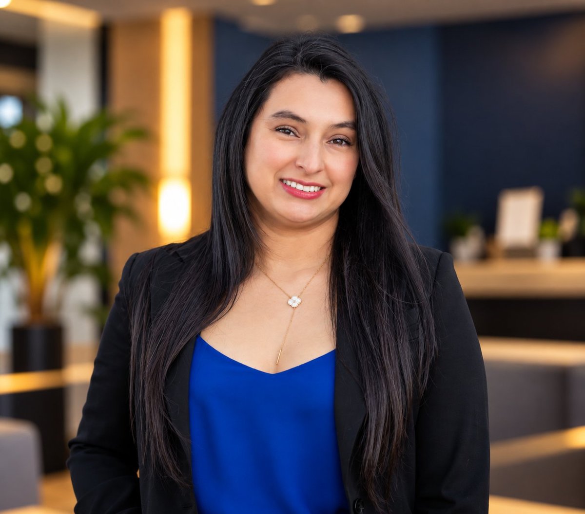 Professional woman with long dark hair wearing a blue top and black blazer, smiling in a modern office setting.
