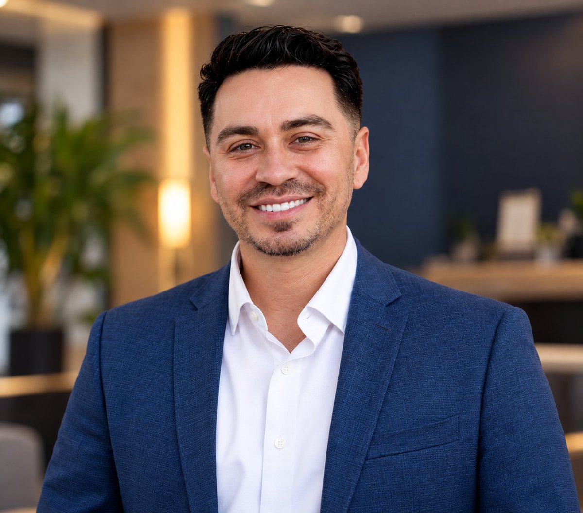 Professional man in blue blazer and white shirt smiling at camera in modern office setting